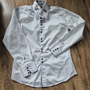 Elegant White Dress Shirt with Blue Details